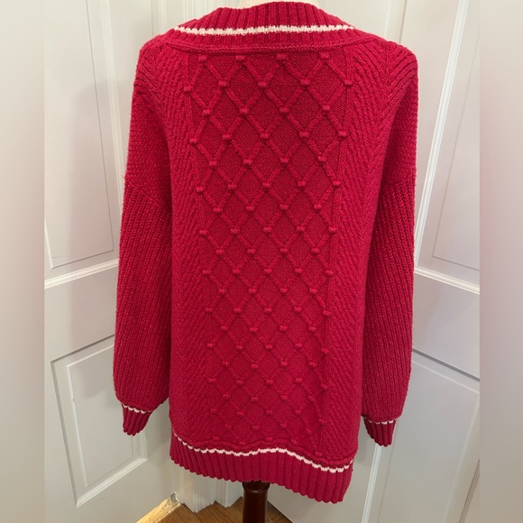 Anthropologie Maeve Tilly Varsity Cable Knit V-Neck Sweater Raspberry Pink 2X - Picture 5 of 11